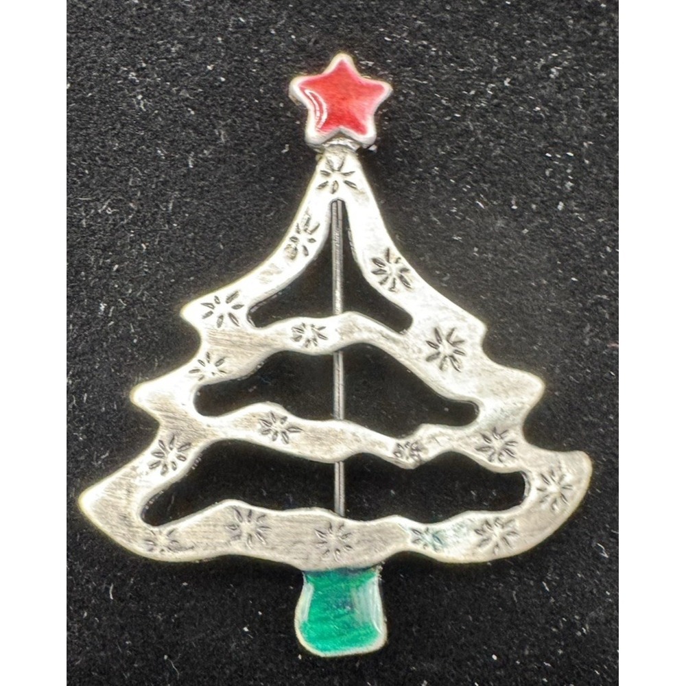 Christmas‎ Tree Brooch Silver Tone Red Star Green Trunk Vintage Holiday Pin